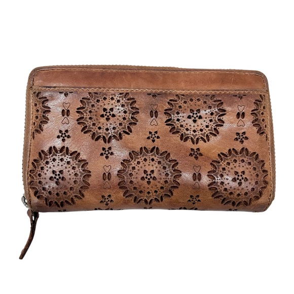 Vintage Boho Genuine Leather Laser Cut Medallion Mandala Zip Around Wallet